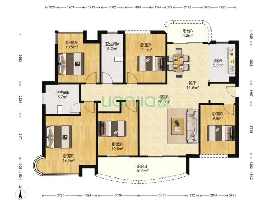 润和紫郡 5室2厅2卫 136平方