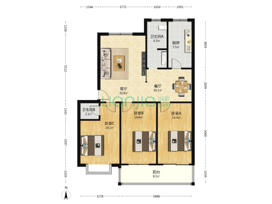 帝龙花园 3室2厅2卫 121平方
