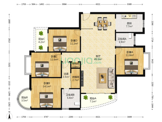 滨河绿苑 4室1厅2卫 178平方