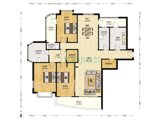 申亚新华府 3室2厅3卫 197平方