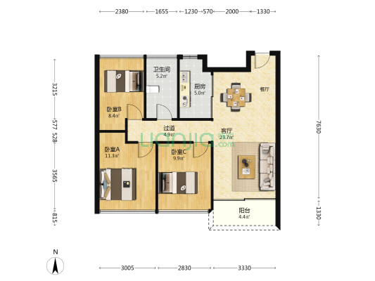 天樾峰公馆  3室1厅1卫 85平方