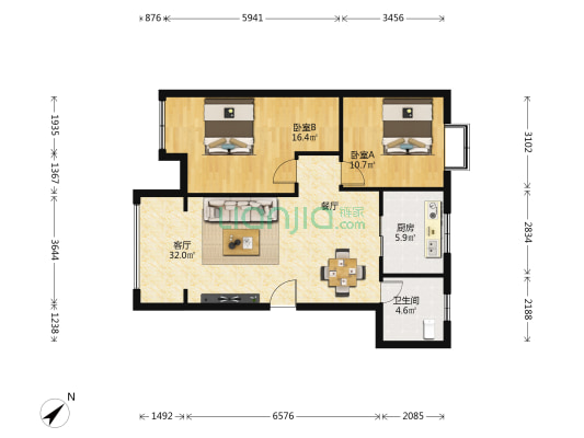 市政花园 2室1厅1卫 85平方