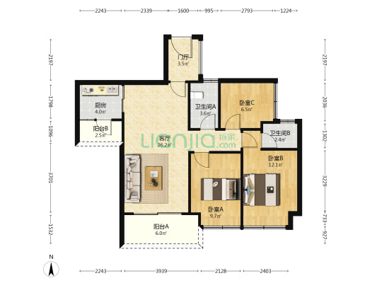 樵顺·郦江花园 3室1厅2卫 87平方