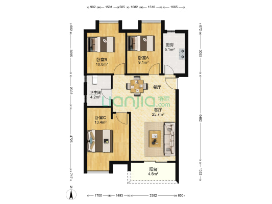 绿地国际理想城五期 3室1厅1卫 97平方