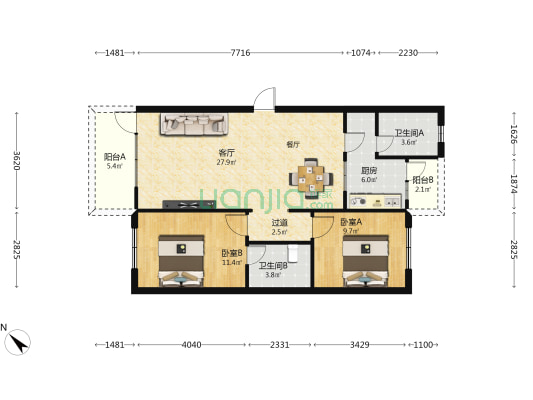 新地花园 2室1厅2卫 84平方