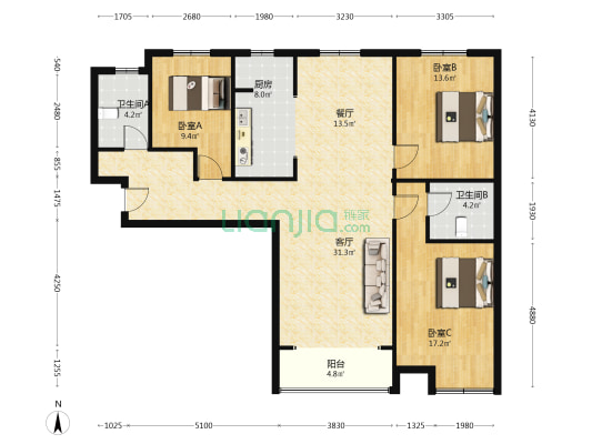 金品时代 南北通透大三居，70年大产权-户型图