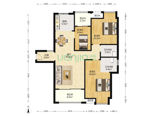 鑫天格林香山 3室1厅2卫 122平方