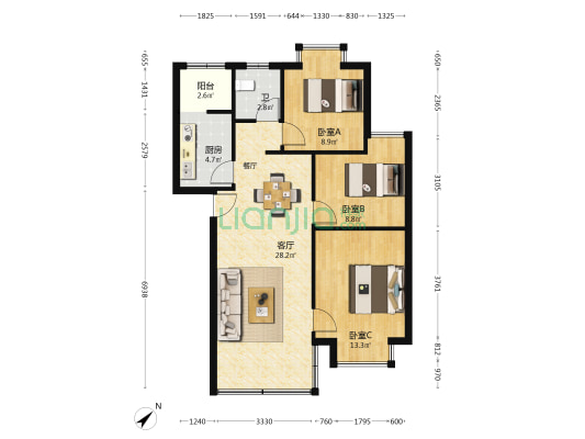 福泰花园 3室1厅1卫 87平方
