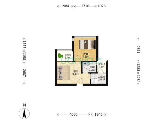 城投青莲公寓 1室1厅1卫 34平方