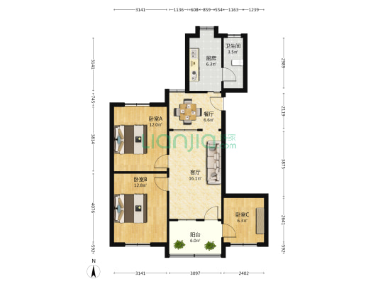 江西广播电视大学宿舍 3室2厅1卫 89平方