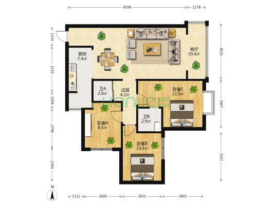 巴士西苑 3室1厅2卫 107平方