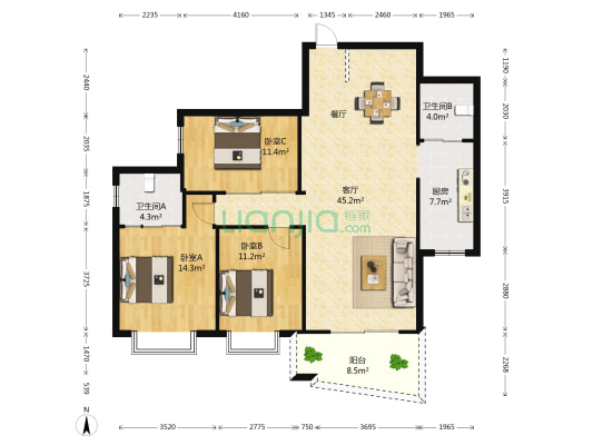 宇济红瓦苑 3室1厅2卫 129平方