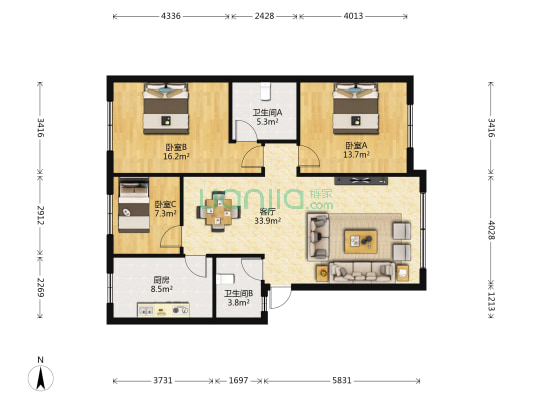 天水花园 3室1厅2卫 107平方