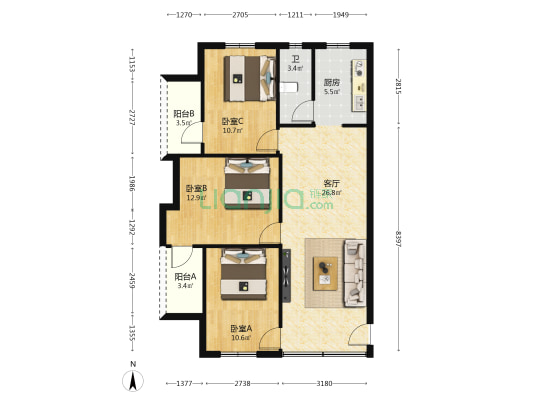 文华路8号 3室1厅1卫 92平方