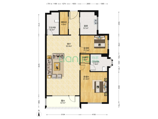 大连明珠 2室1厅2卫 161平方