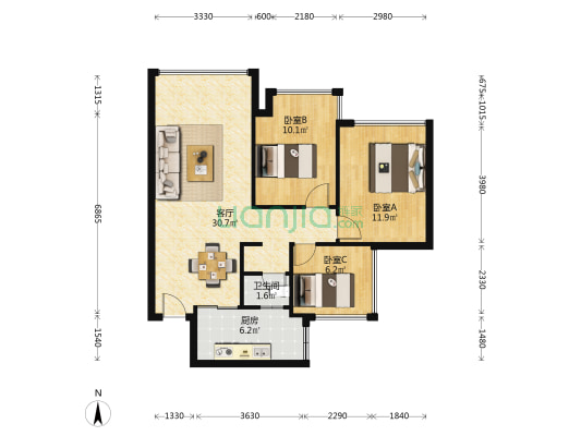 鑫洋天御城 3室1厅1卫 80平方