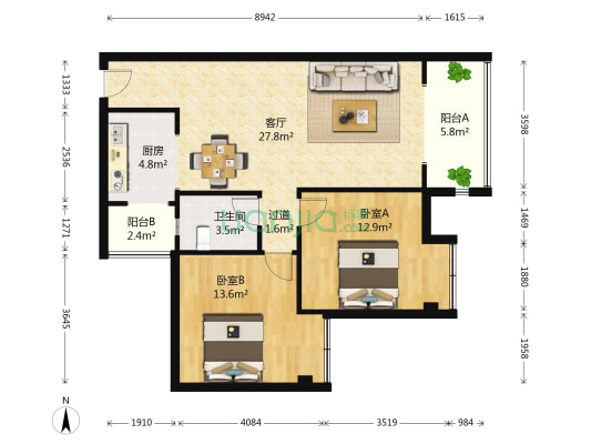 七里晓月 2室1厅1卫 88平方