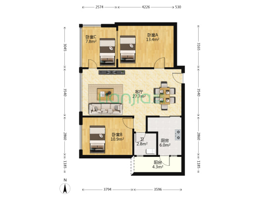 万科新城湾畔 3室1厅1卫 82平方