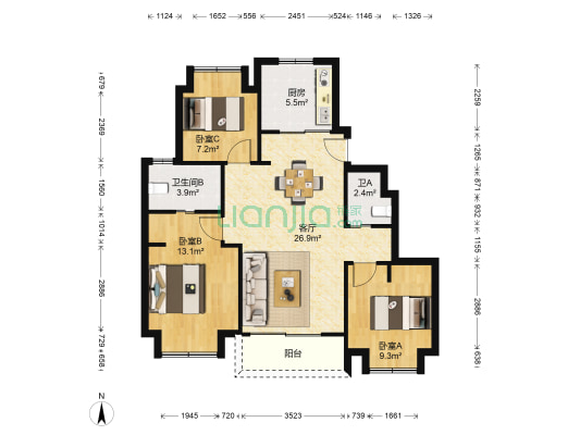 万科天空之城 3室2厅2卫 105平方