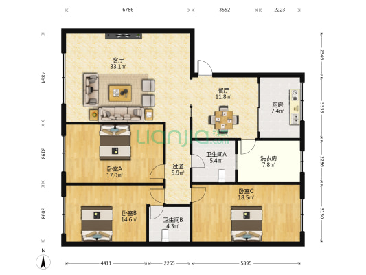 天桥西路2号 3室2厅2卫 158平方