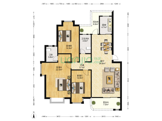格林香海 3室1厅2卫 130平方