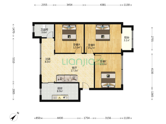 凉山路55号 3室1厅1卫 90平方