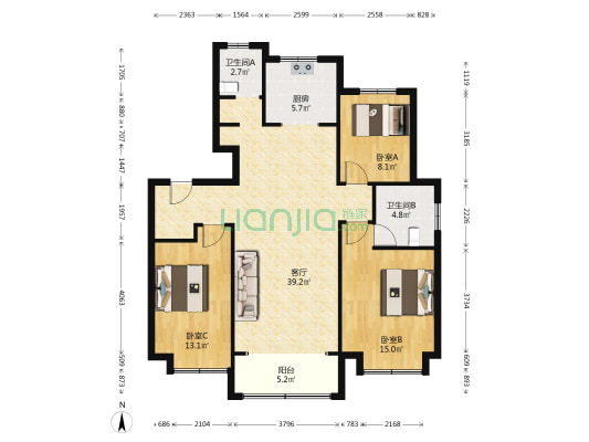中康·百合新城 3室1厅2卫 120平方