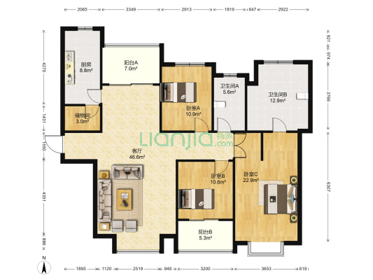 黄金海岸花园 3室1厅2卫 166平方