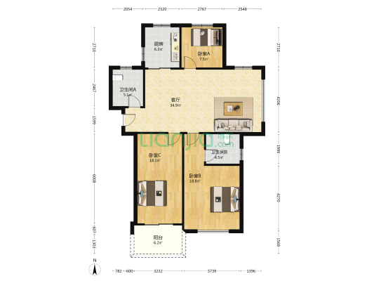 湖山春晓家园北区 3室1厅2卫 135平方
