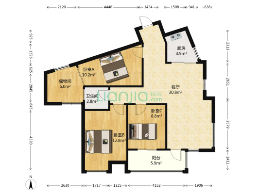 龙湾国际公寓 3室1厅1卫 82平方