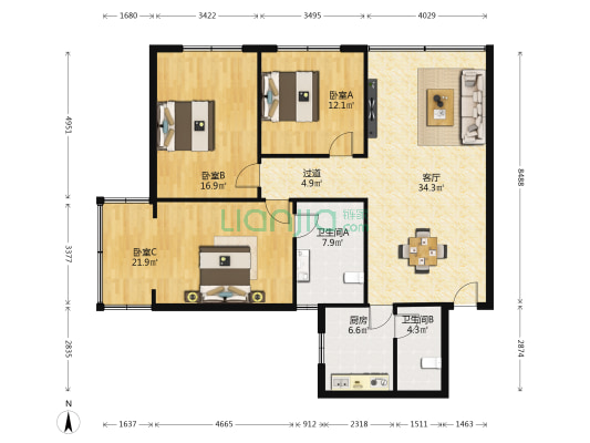 华隆小区 3室1厅2卫 129平方