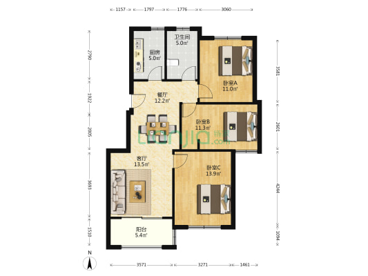 华盛沁园 3室2厅1卫 85平方