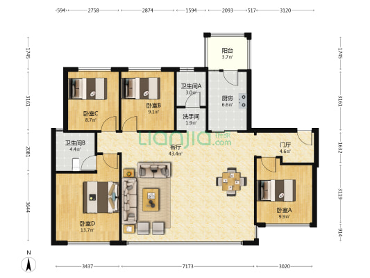 润泽府 4室1厅3卫 130平方
