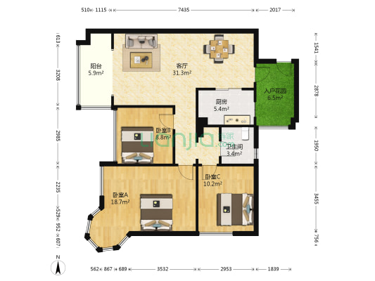 花语岸 3室1厅1卫 89平方