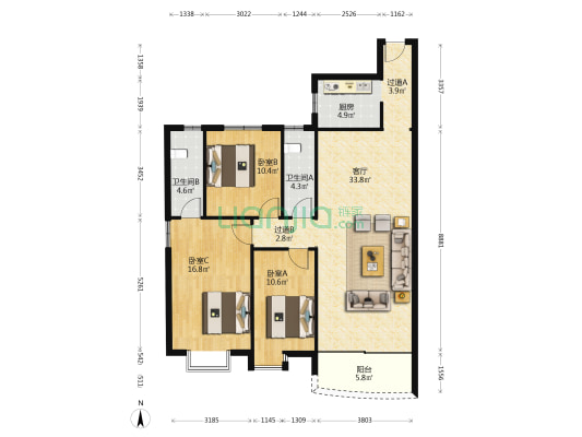 宏盛楼 3室1厅2卫 110平方