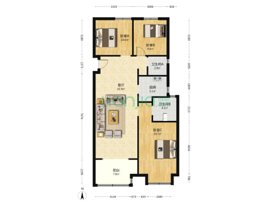 吾悦雲鼎府 3室1厅2卫 146平方