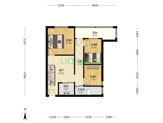 文化路 3室1厅1卫 63平方