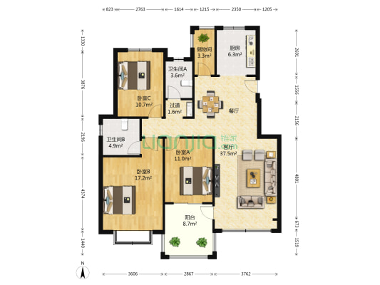 盛亚名郡 3室1厅2卫 125平方