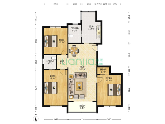 华晖绿苑 3室1厅2卫 135平方