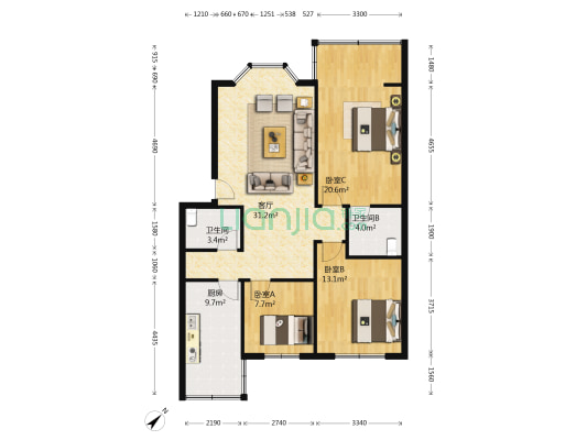 佳美榕苑 3室1厅2卫 105平方