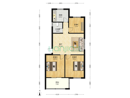 铁二处新3区 3室1厅1卫 90平方