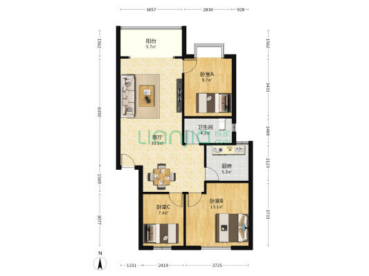 阳光花园 3室1厅1卫 91平方