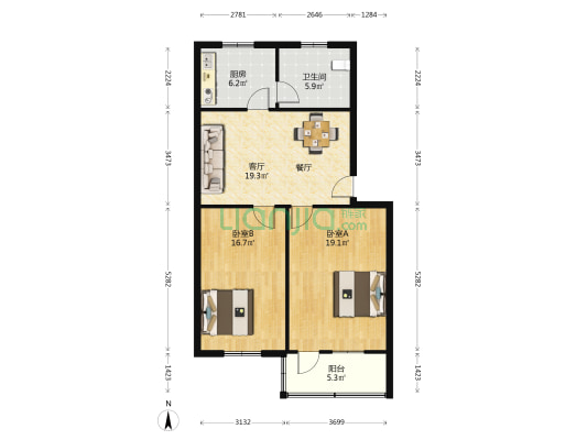 菜场街1号院 2室1厅1卫 83平方