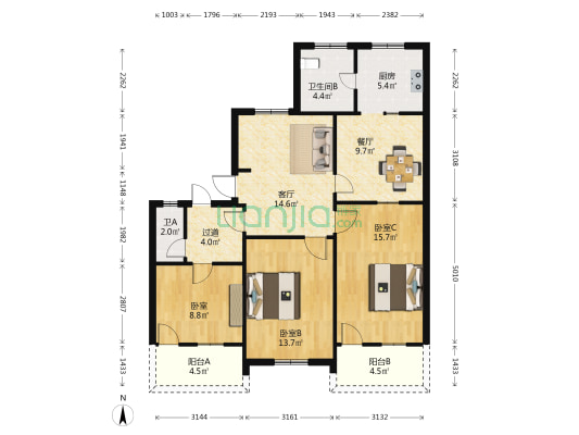 中旅宿舍 3室2厅2卫 103平方