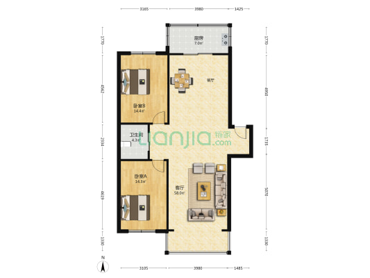 丰野小区 2室1厅1卫 121平方