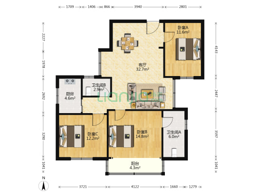 新华商务大楼 3室1厅2卫 116平方