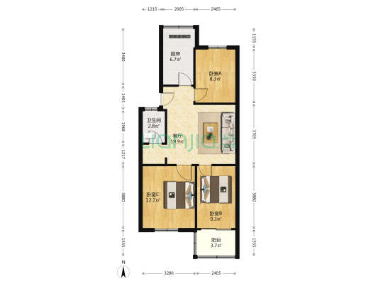 健康小区 3室1厅1卫 76平方