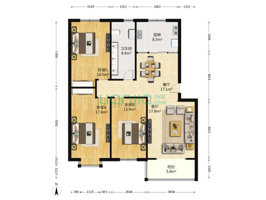 颐泽花园丁香苑 3室2厅1卫 133平方
