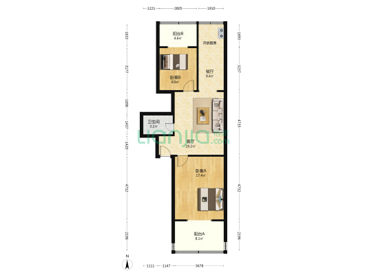 中级人民法院宿舍 2室2厅1卫 87平方