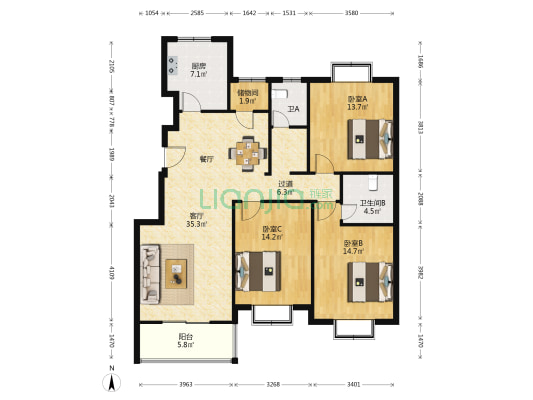 美丹家园 3室1厅2卫 127平方